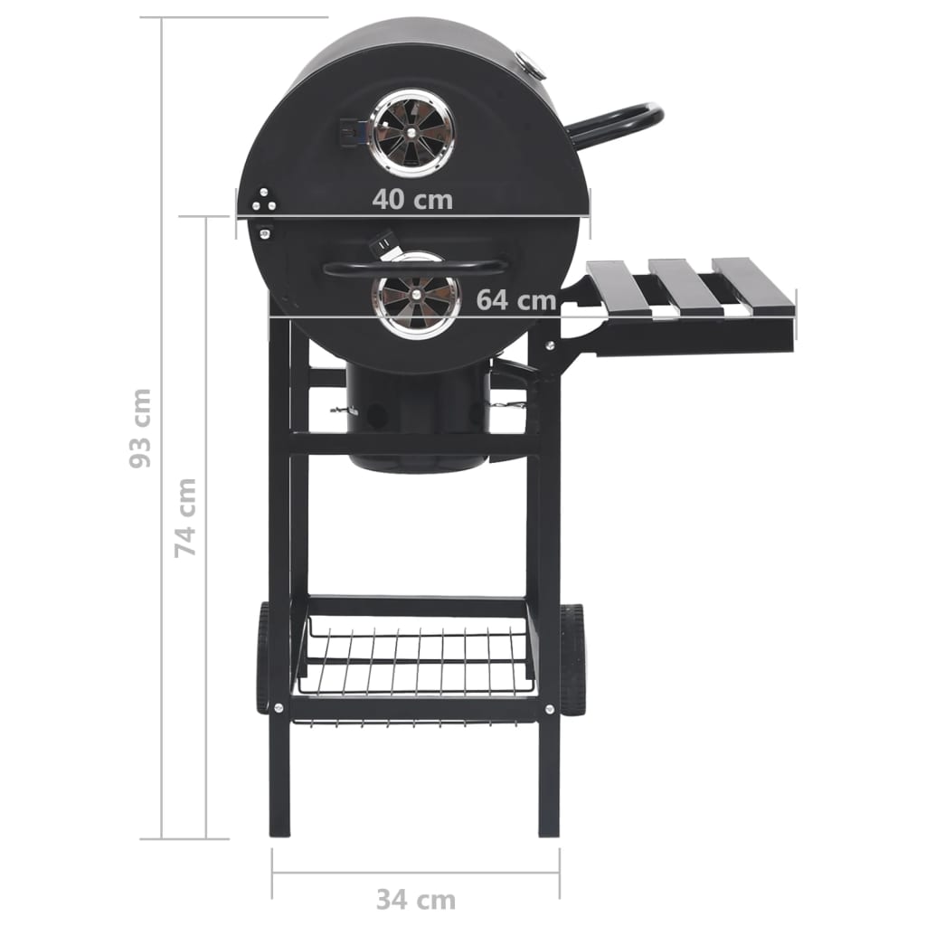 Barbecue a Barile con Ruote e Ripiani Acciaio Nero 115x85x95 cm