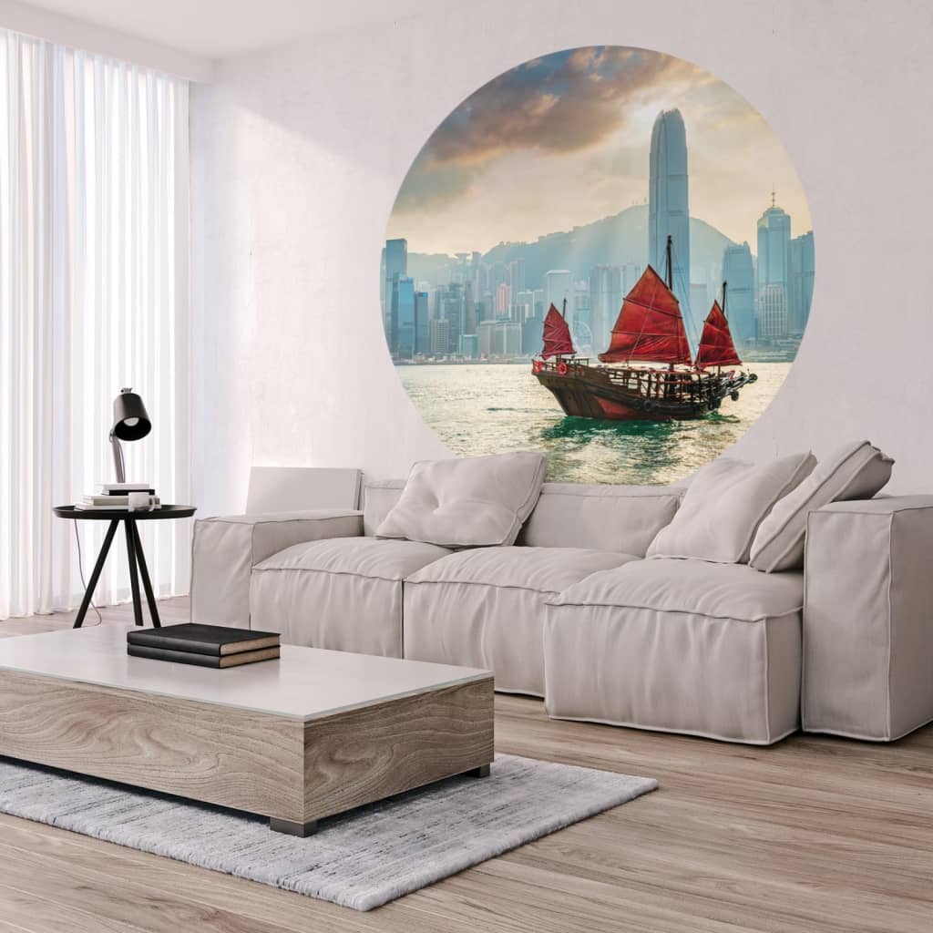WallArt Carta da Parati Circolare Skyline with Junk Boat 142,5 cm